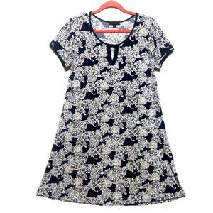 Espresso Dress shift flare textured Navy white floral short sleeve Sz L stretch